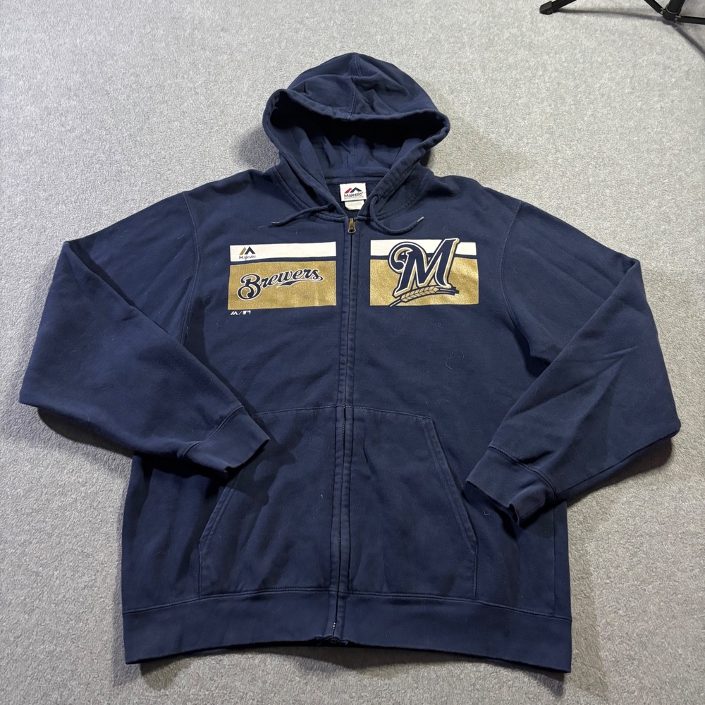 Majestic Milwaukee Brewers Hoodie Mens Large Navy Blue Full Zip MLB Baseball